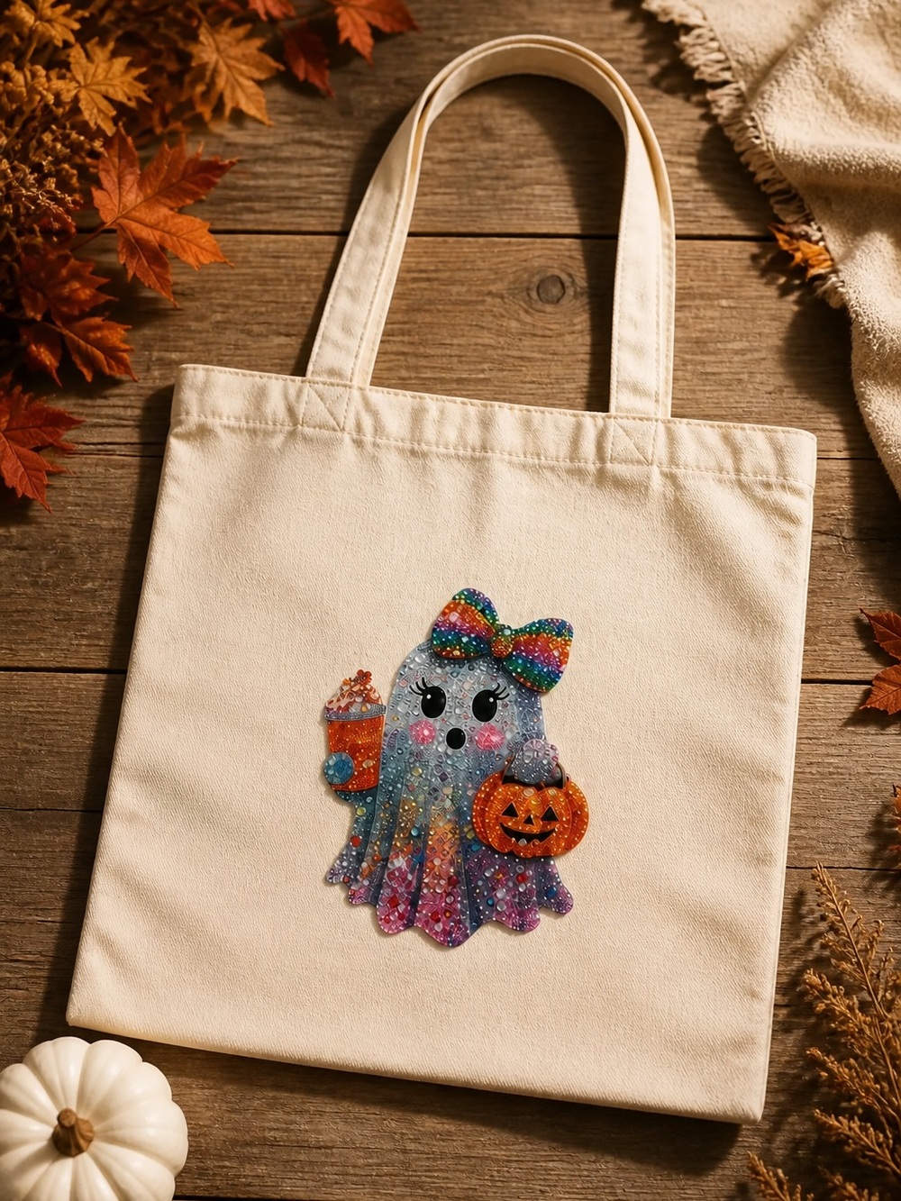 Sparkle Ghost w/ Cappuccino 100% Heavy Duty Cotton Cream Canvas Tote Bag